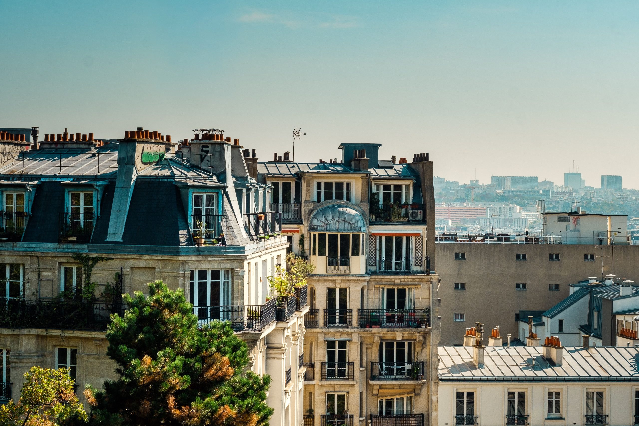 Toits parisiens classiques avec skyline ville