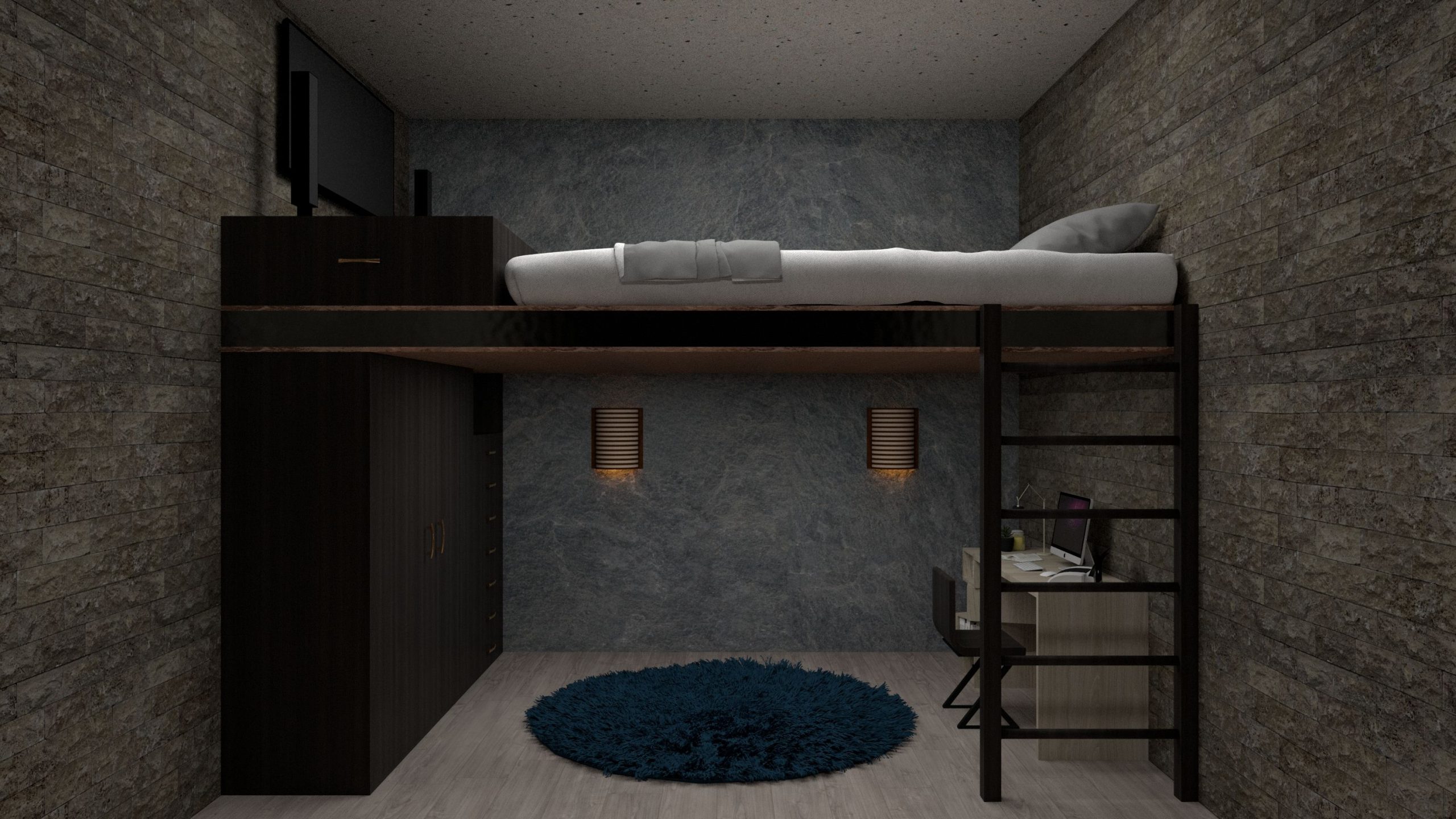 Chambre loft avec lit et bureau intégré optimisé